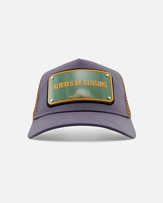 Always Be Closing aluminium plate trucker cap by John Hatter & CO, front view