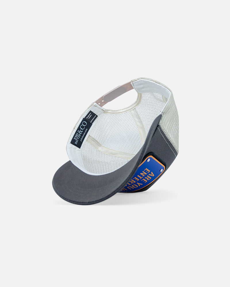 Are You Not Entertained aluminium plate trucker cap by John Hatter & CO, angled view