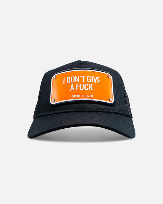 I Don't Give A Fuck Black Trucker Cap by John Hatter & CO, front view