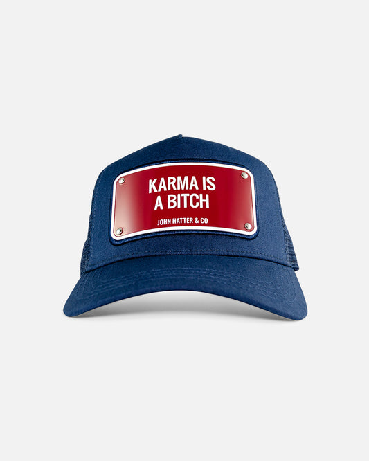 Karma Is A Bitch Blue Trucker Cap by John Hatter & CO, front view