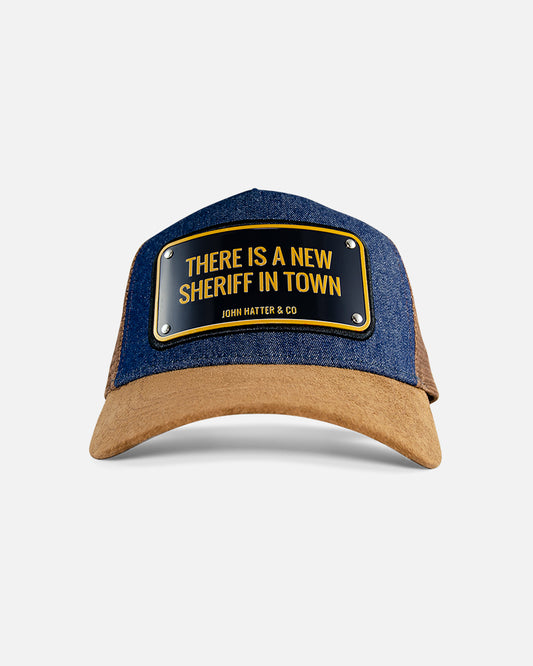 There Is A New Sheriff In Town Denim Trucker Cap by John Hatter & CO, front view