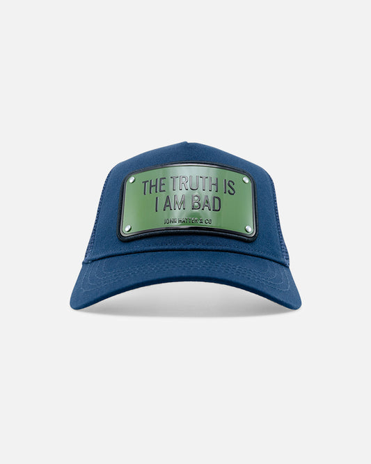 The Truth Is I'm Bad Blue Trucker Cap by John Hatter & CO, front view