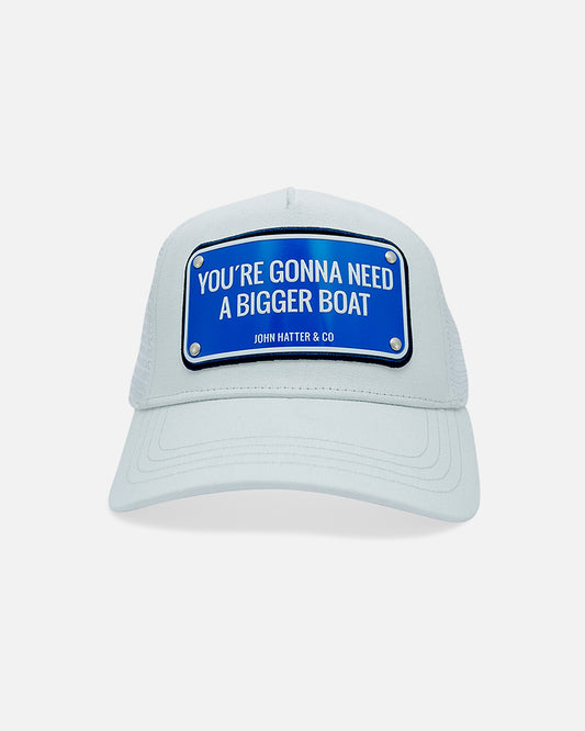 You're Gonna Need A Bigger Boat White Trucker Cap by John Hatter & CO, front view