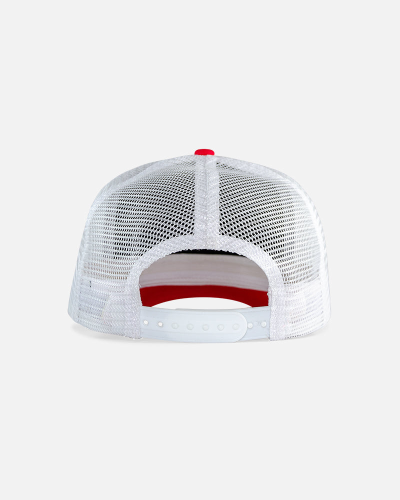 You're In My World Now Red Trucker Cap by John Hatter & CO, back view