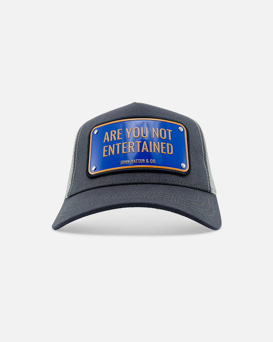 Are You Not Entertained aluminium plate trucker cap by John Hatter & CO, front view