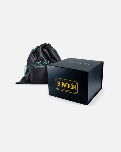 El Patrón White Trucker Cap presentation box by John Hatter & CO
