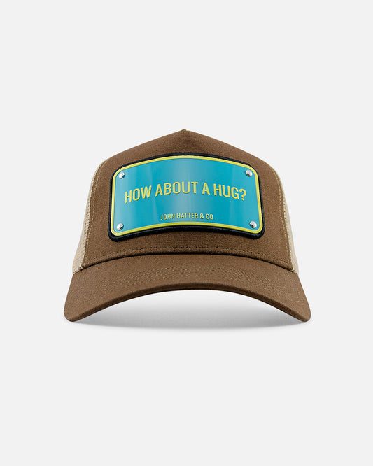 How About A Hug Beige Trucker Cap by John Hatter & CO, front view