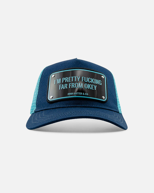 Pretty Fucking Far From OK Black & Teal Trucker Cap by John Hatter & CO, front view