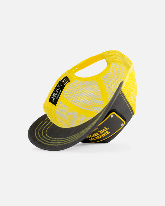Show Me The Money Black & Yellow Trucker Cap by John Hatter & CO, angled view