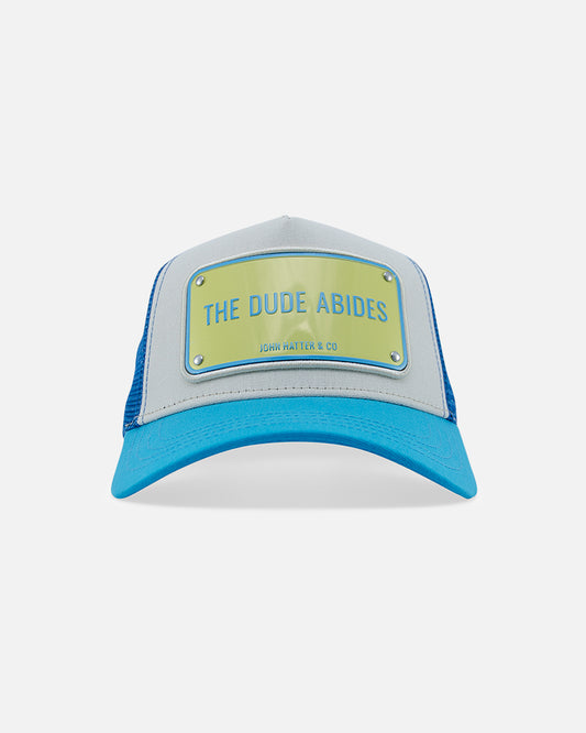 The Dude Abides Teal Trucker Cap by John Hatter & CO, front view
