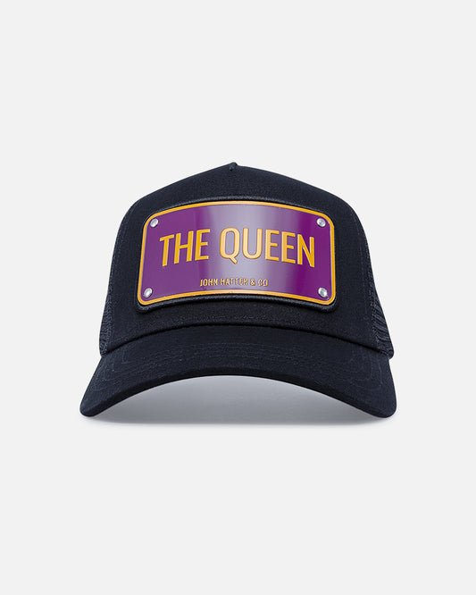 The Queen Black Trucker Cap by John Hatter & CO, front view