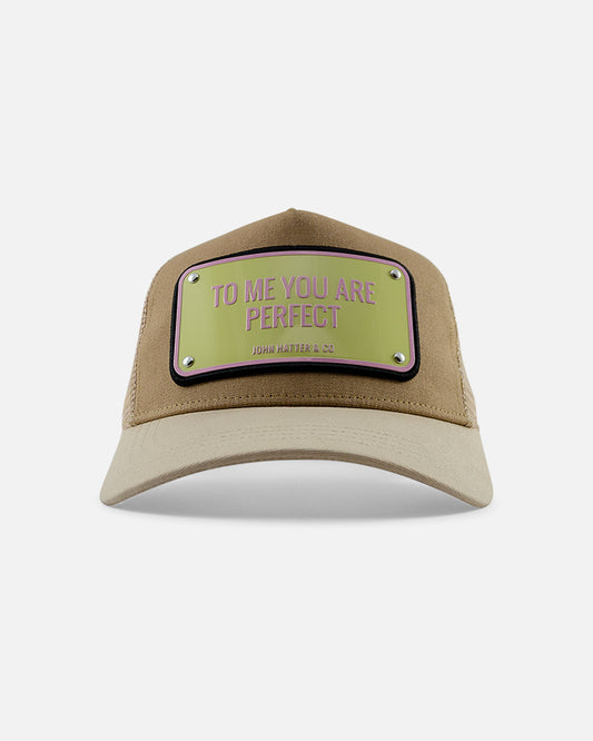 To Me You Are Perfect Beige Trucker Cap by John Hatter & CO, front view