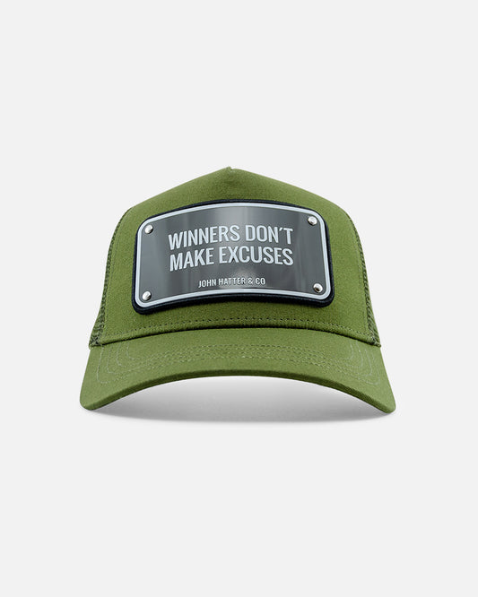 Winners Don't Make Excuses Green Trucker Cap by John Hatter & CO, front view