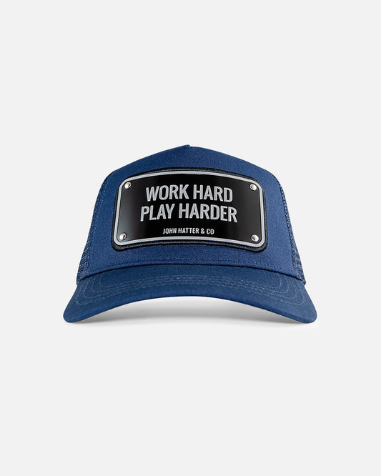 Work Hard Play Harder Blue Trucker Cap by John Hatter & CO, front view