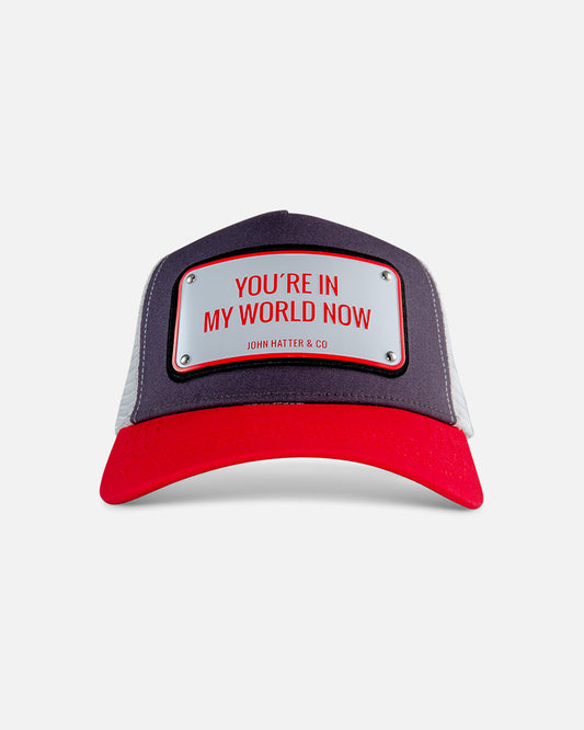 You're In My World Now Red Trucker Cap by John Hatter & CO, front view
