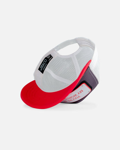 You're In My World Now Red Trucker Cap by John Hatter & CO, angled view